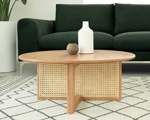 Creative Round Rattan Wooden Tea Table 20mm Thick White Oak
