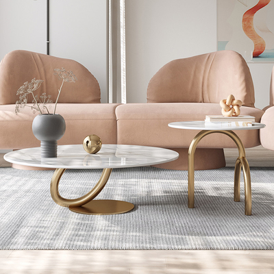 Round 11mm Marble Topped Pedestal Coffee Table Set With Gold Base