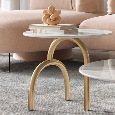 Round 11mm Marble Topped Pedestal Coffee Table Set With Gold Base