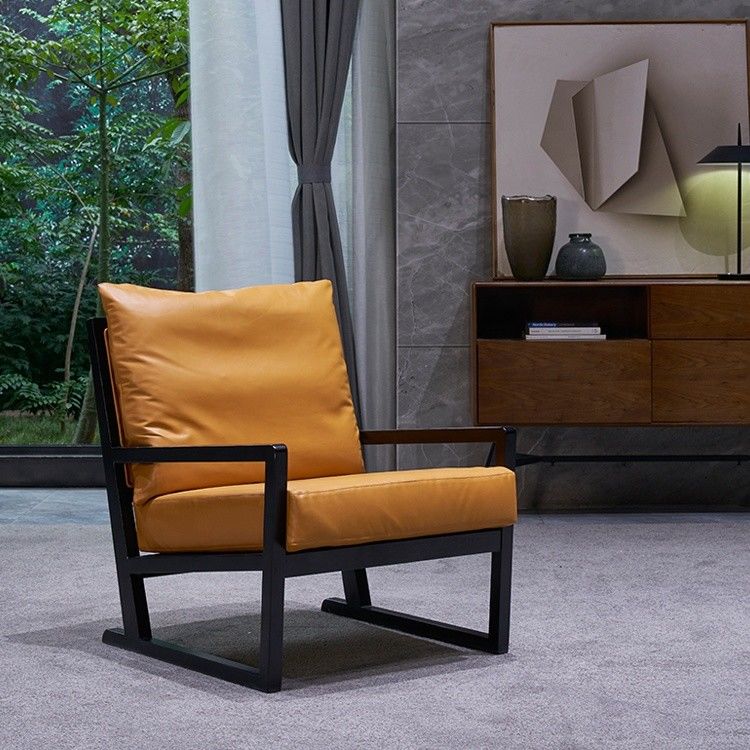 ODM Yellow Leather Leisure Chairs With Wood Arms Wooden Base