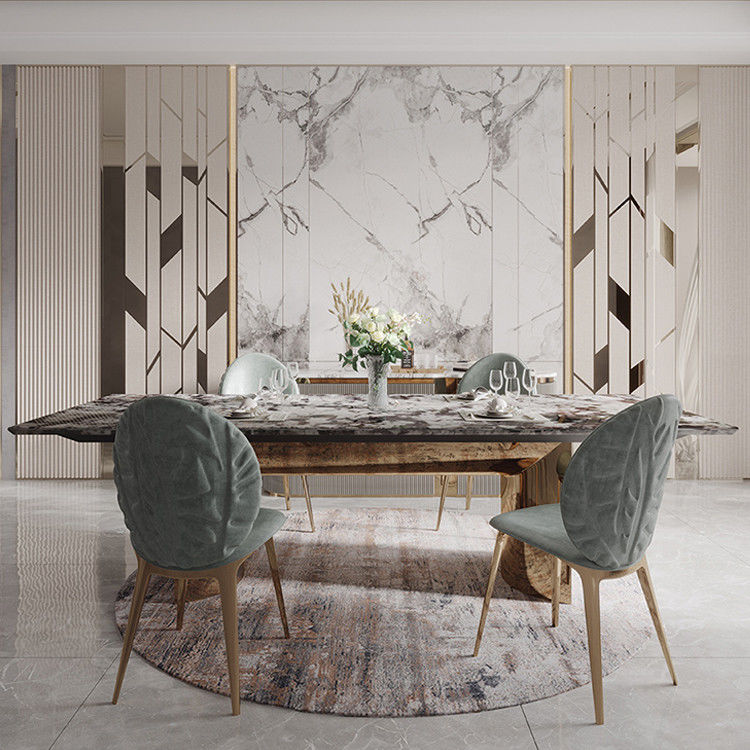 Smooth Surface Rock Board Dining Table ODM Grey Metal Base Grey Marble